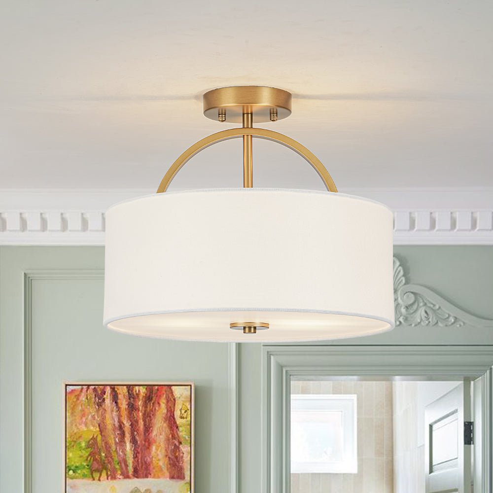 Mid-Century Brass Wide Linen Drum Semi Flush Mount
