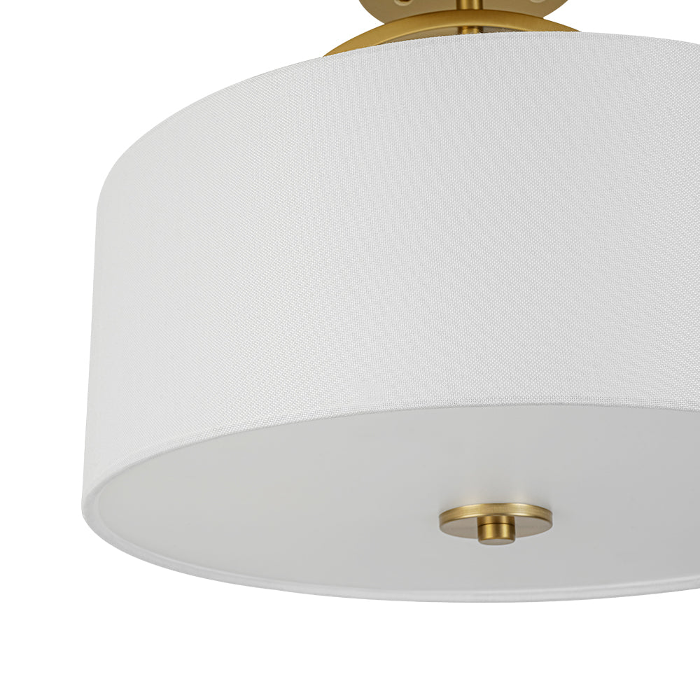 Mid-Century Brass Wide Linen Drum Semi Flush Mount