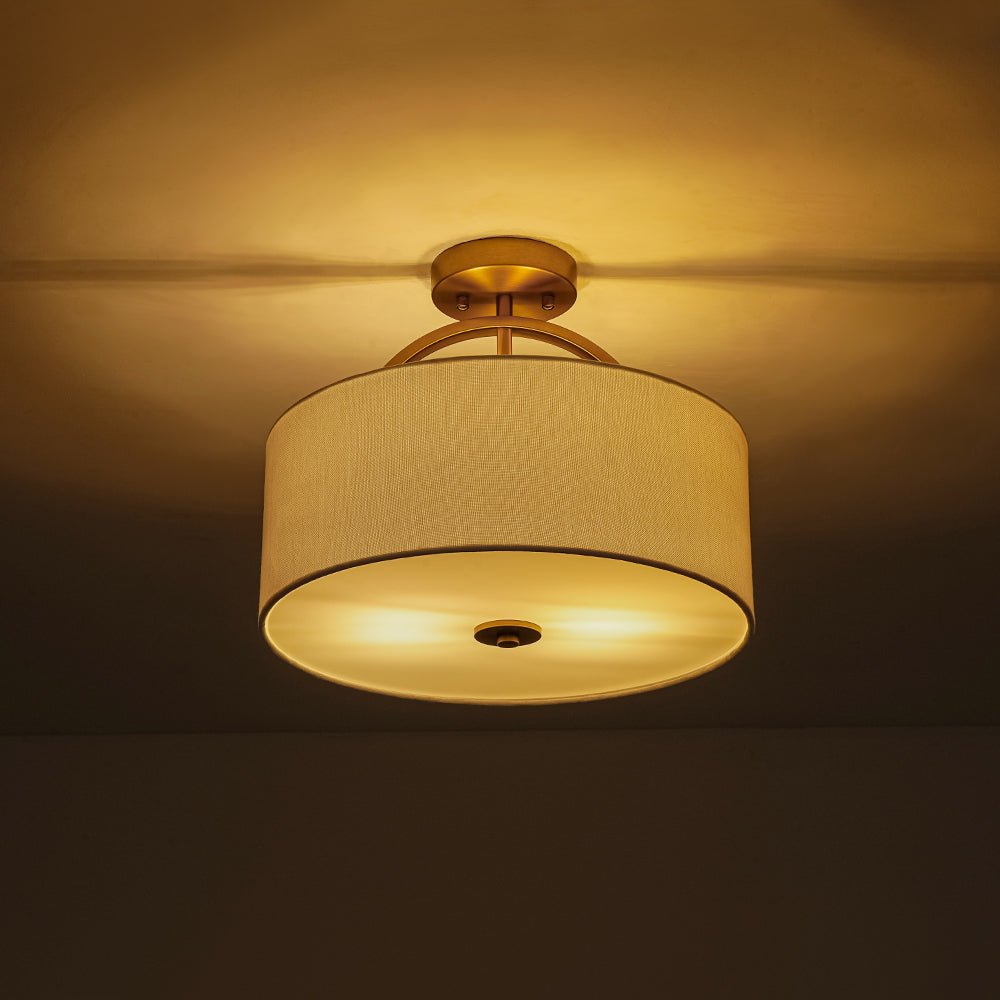 Mid-Century Brass Wide Linen Drum Semi Flush Mount