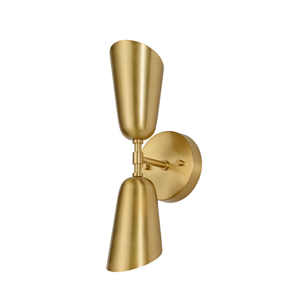 Mid-Century Brushed Brass 2-Light Up Down Dual Cone Wall Lamp