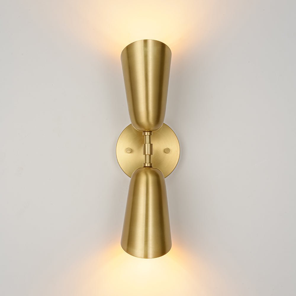 Mid-Century Brushed Brass 2-Light Up Down Dual Cone Wall Lamp