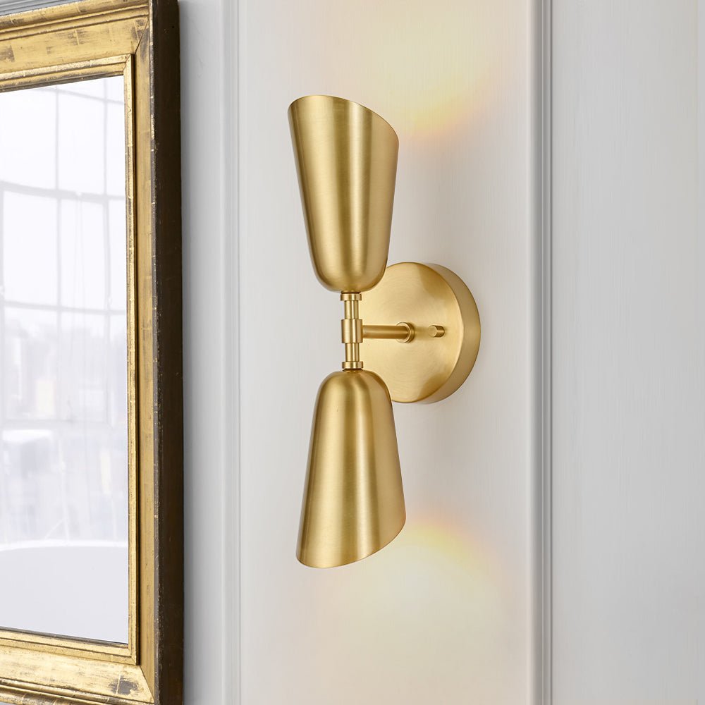 Mid-Century Brushed Brass 2-Light Up Down Dual Cone Wall Lamp