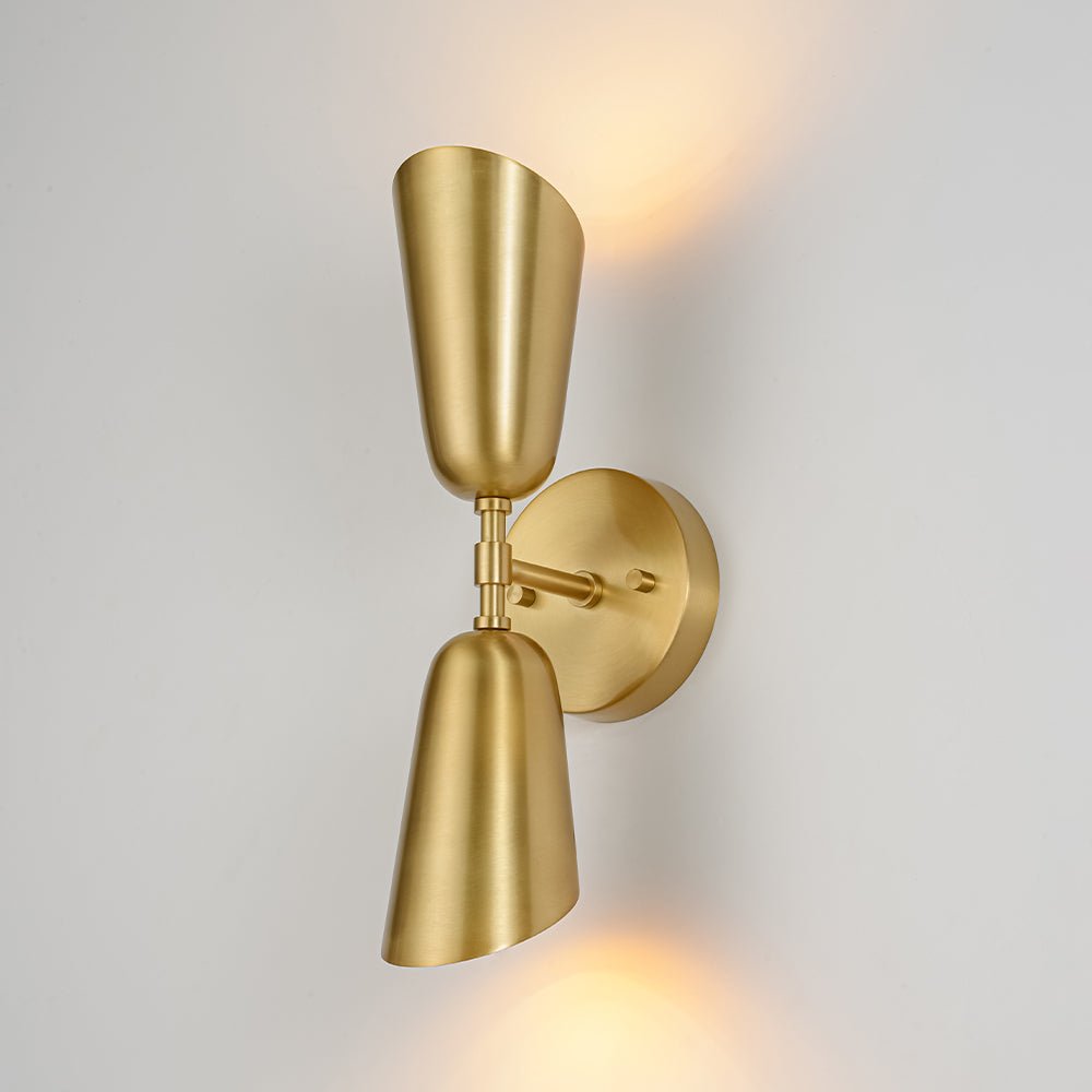 Mid-Century Brushed Brass 2-Light Up Down Dual Cone Wall Lamp