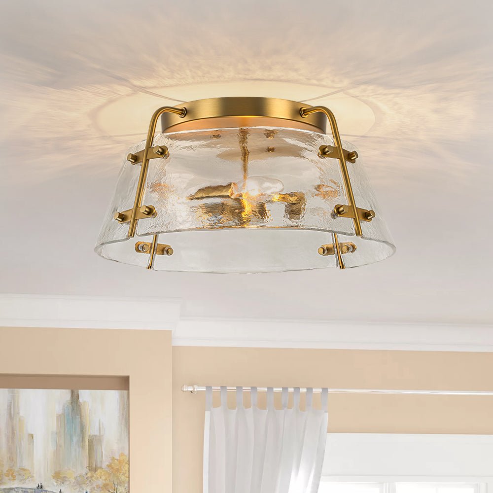 Mid-Century Clear Textured Glass Drum Flush Mount Light