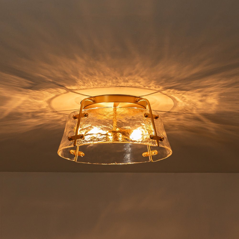 Mid-Century Clear Textured Glass Drum Flush Mount Light