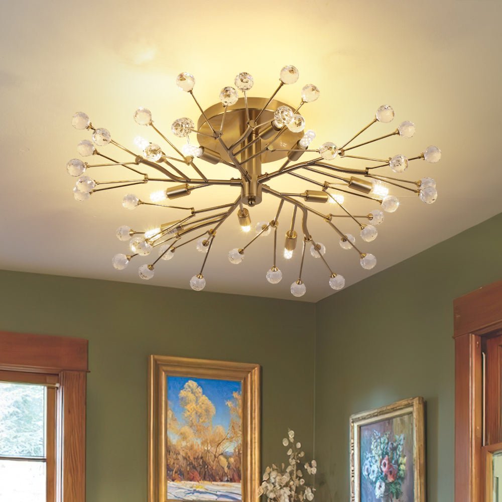 Mid-Century Firework Crystal Branching Semi Flush Mount
