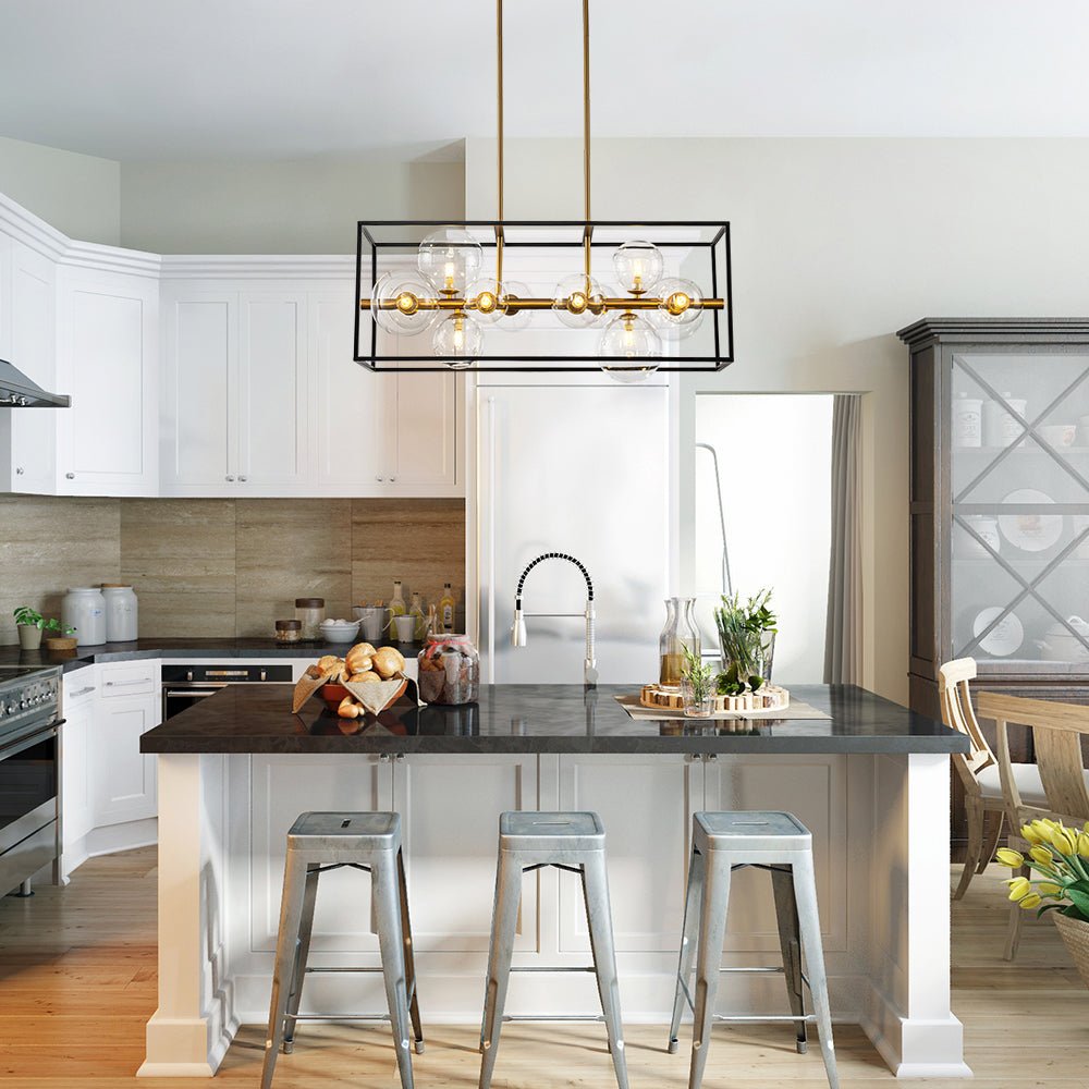 Mid-Century Glass Bubble Rectangular Cage Island Chandelier