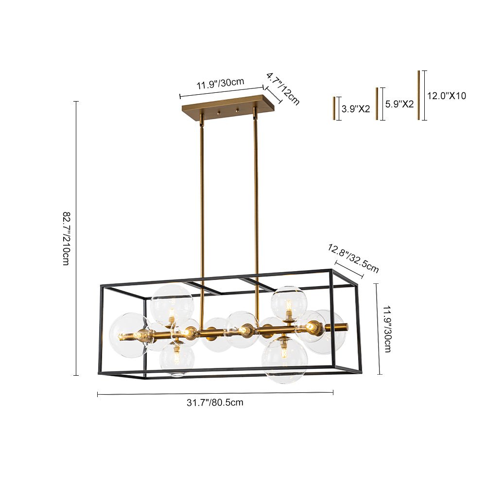 Mid-Century Glass Bubble Rectangular Cage Island Chandelier