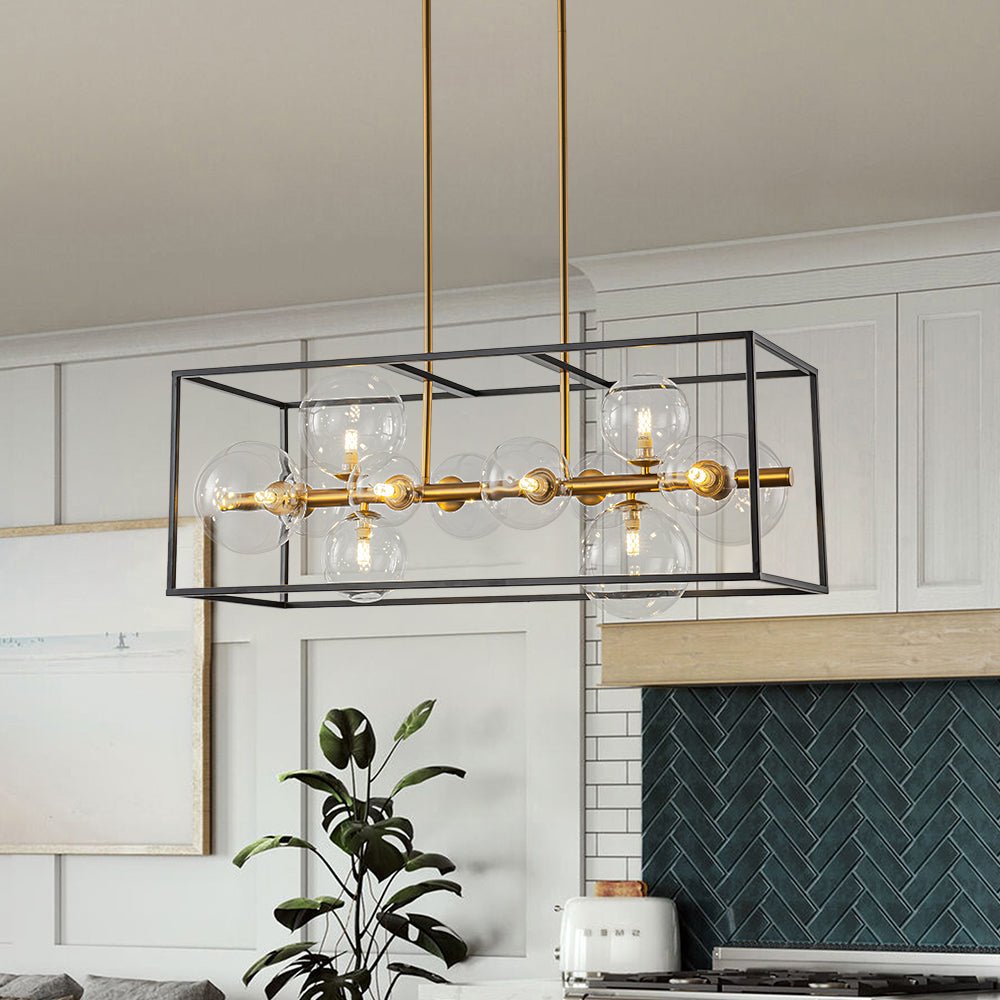 Mid-Century Glass Bubble Rectangular Cage Island Chandelier