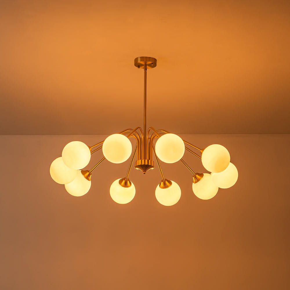 Mid-Century Opal Glass Globe Brass Sputnik Chandelier