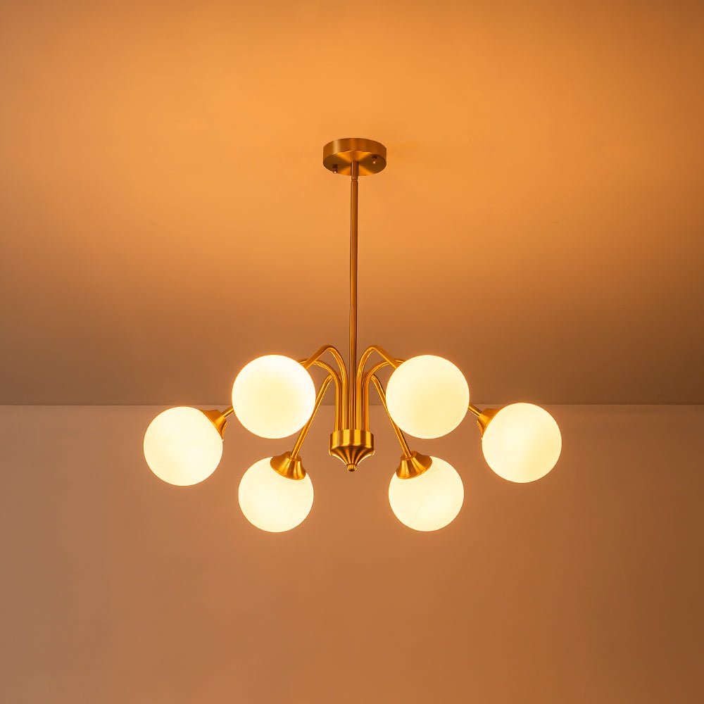 Mid-Century Opal Glass Globe Brass Sputnik Chandelier