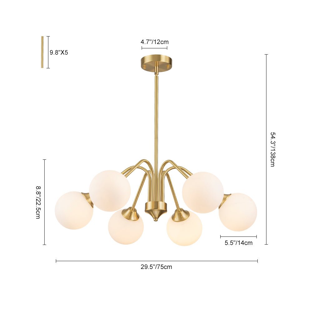 Mid-Century Opal Glass Globe Brass Sputnik Chandelier