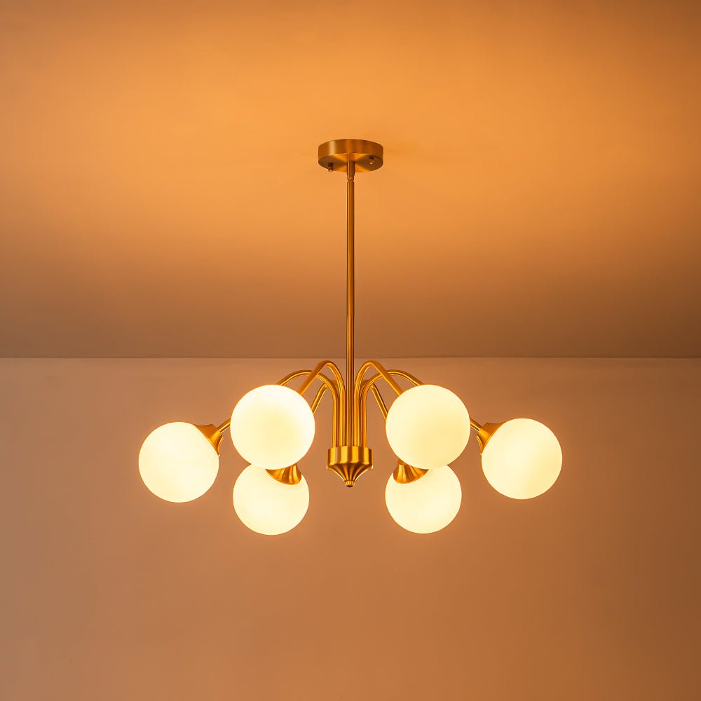 Mid-Century Opal Glass Globe Brass Sputnik Chandelier