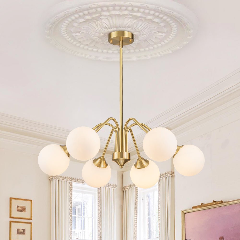 Mid-Century Opal Glass Globe Brass Sputnik Chandelier