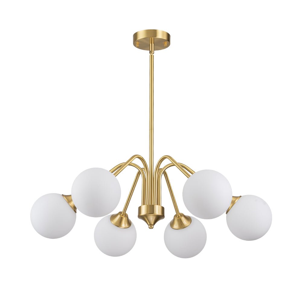 Mid-Century Opal Glass Globe Brass Sputnik Chandelier