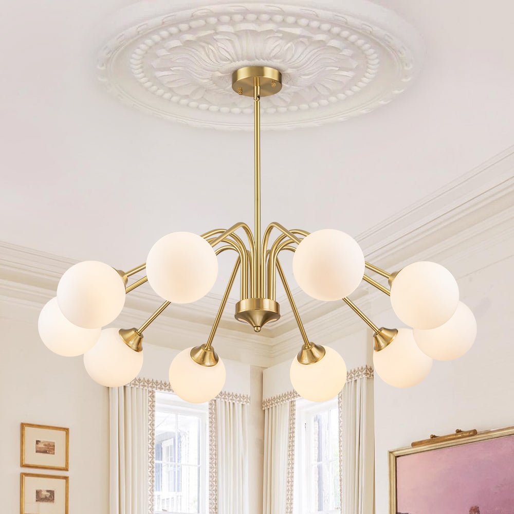 Mid-Century Opal Glass Globe Brass Sputnik Chandelier