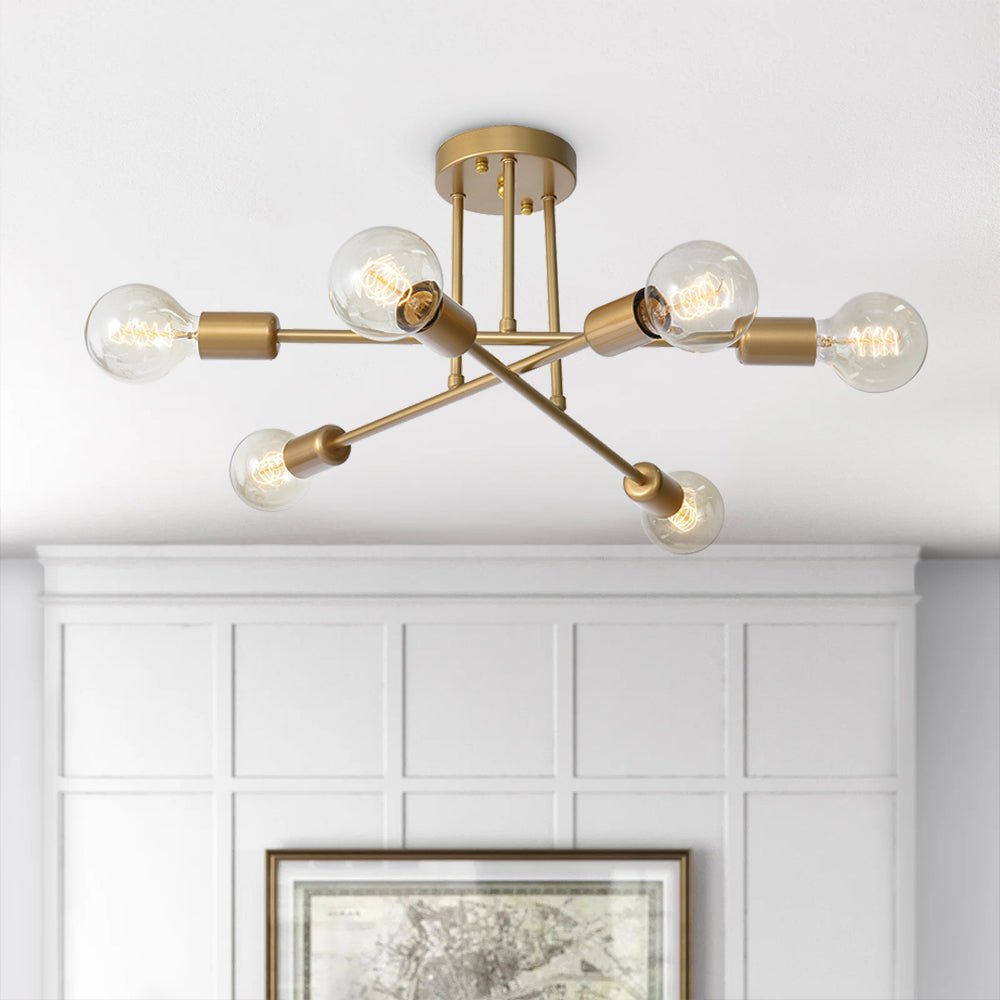 Mid-century Sputnik Semi Flush Mount Brass Chandelier