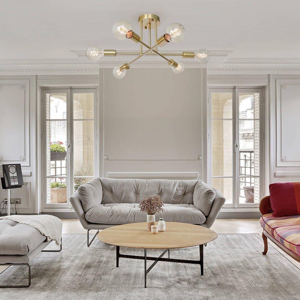 Mid-century Sputnik Semi Flush Mount Brass Chandelier