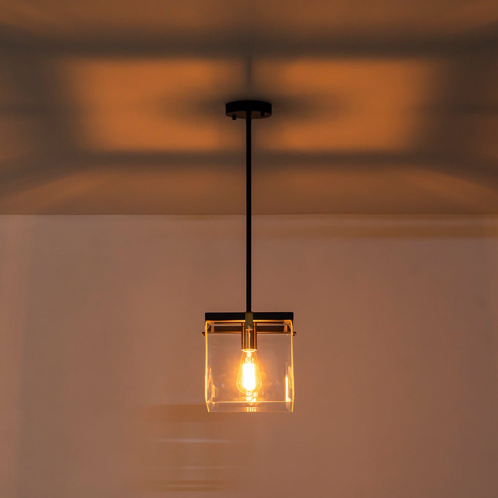 Modern 1-Light Clear Glass Square Cage Pendant Light