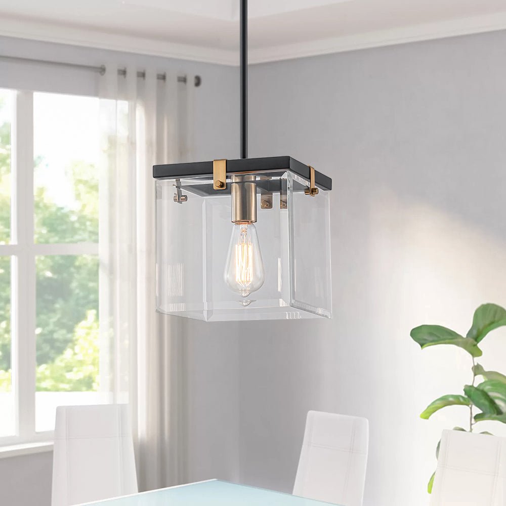 Modern 1-Light Clear Glass Square Cage Pendant Light