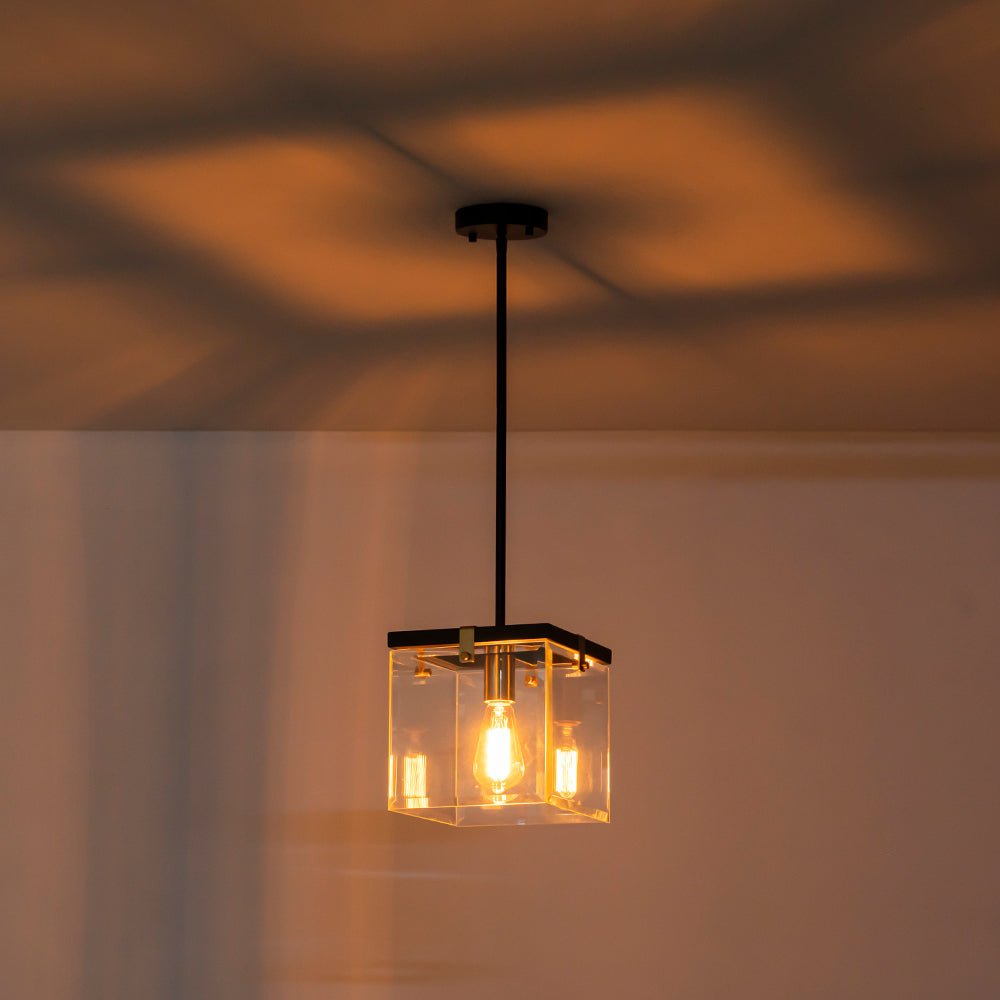 Modern 1-Light Clear Glass Square Cage Pendant Light