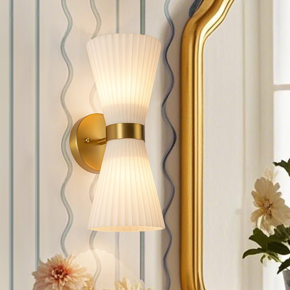 Modern 2-Light Up Down Pleated Glass Cone Wall Sconce