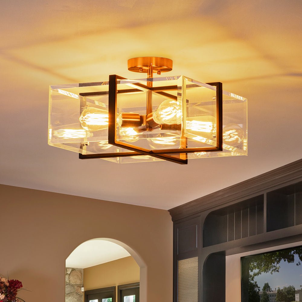 Modern Black Brass Clear Glass Square Cage Semi Flush Mount