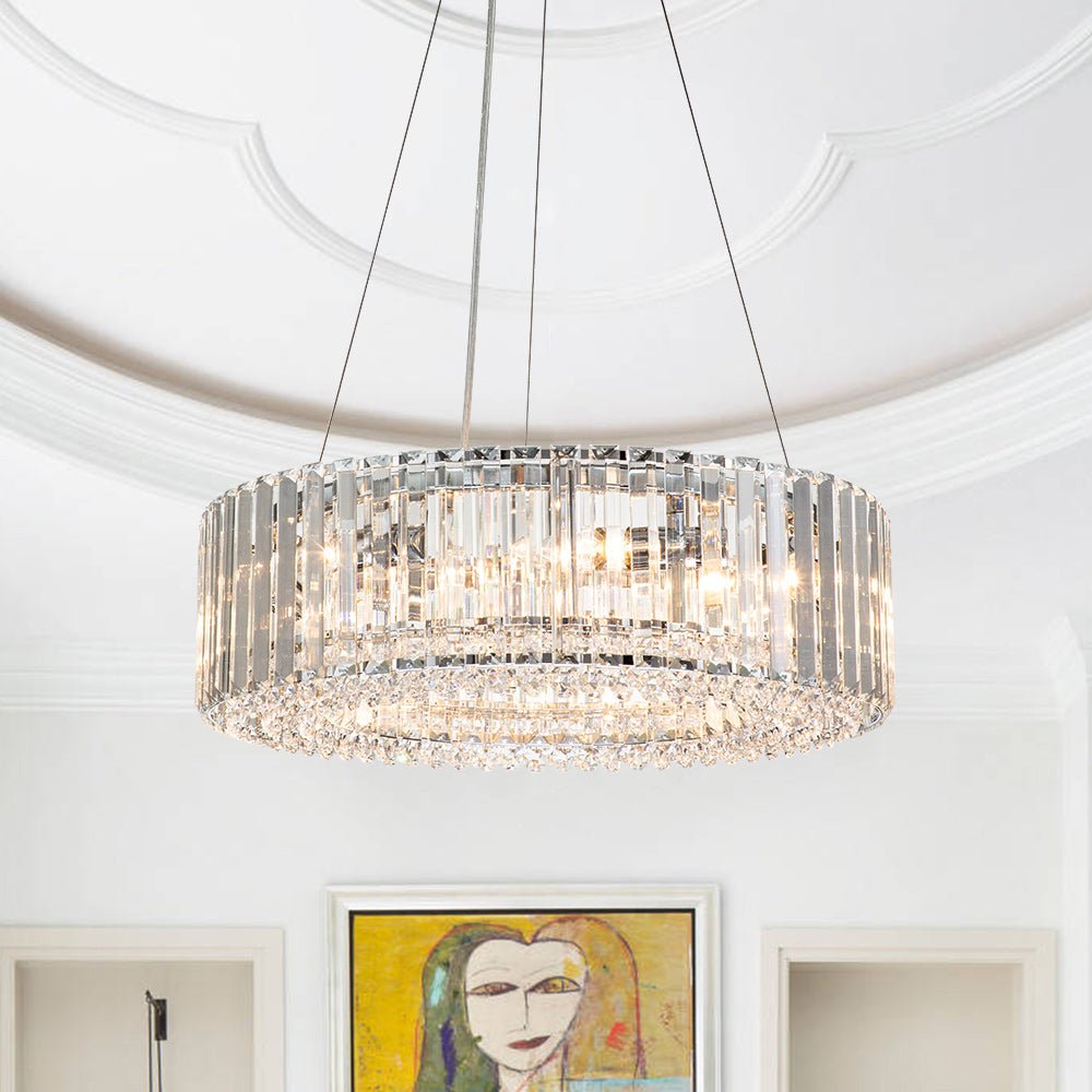 Modern Chrome Round Drum Crystal Chandelier