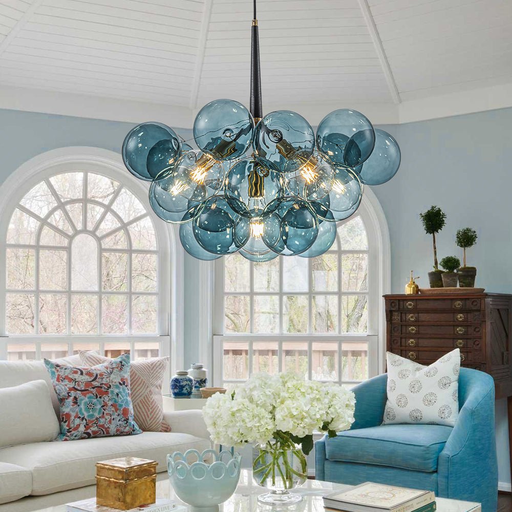 Modern Cluster Blue Glass Globe Bubble Chandelier