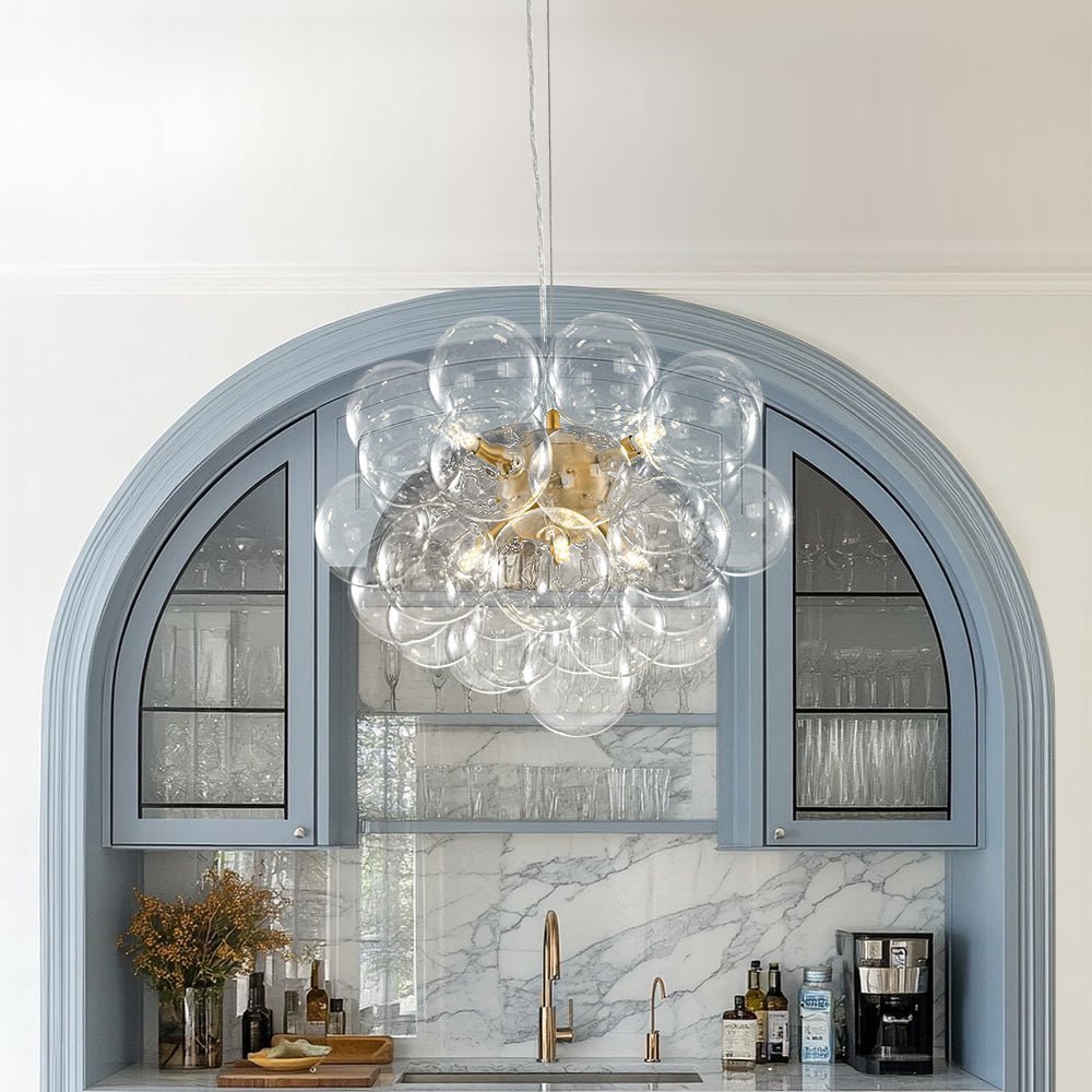 (OpenBox) 6-Light Dimmable Brass Cluster Clear Glass Bubble Sphere Chandelier