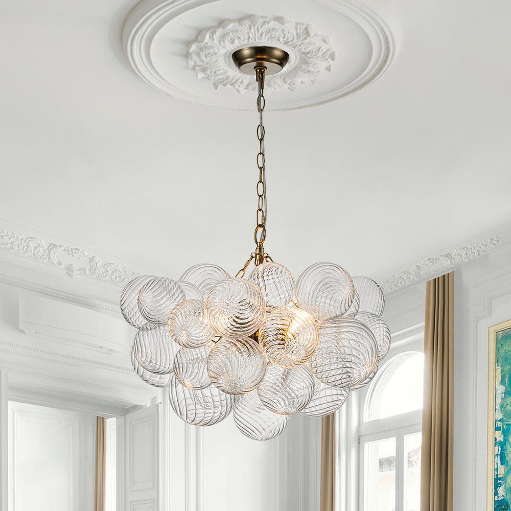 (OpenBox) Brass Cluster Ribbed Glass Globe Bubble Chandelier