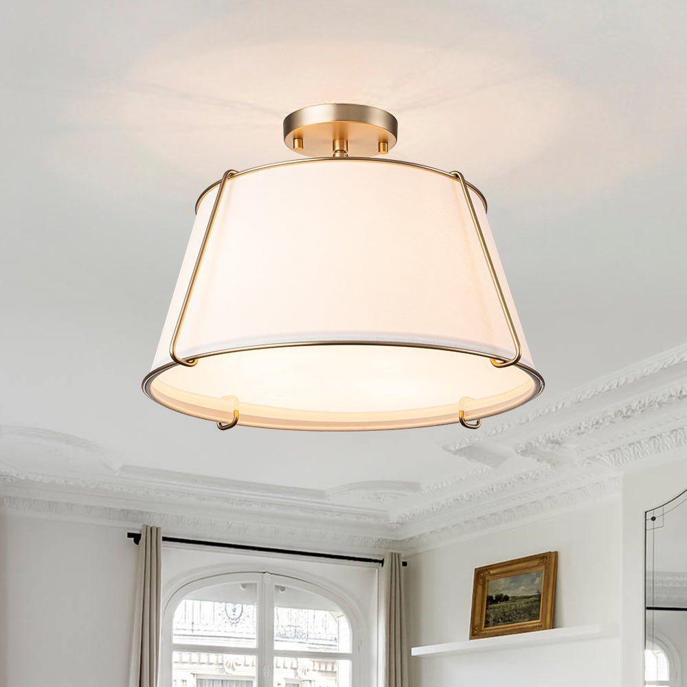 (OpenBox) Contemporary Wide Linen Drum Brass Semi Flush Mount