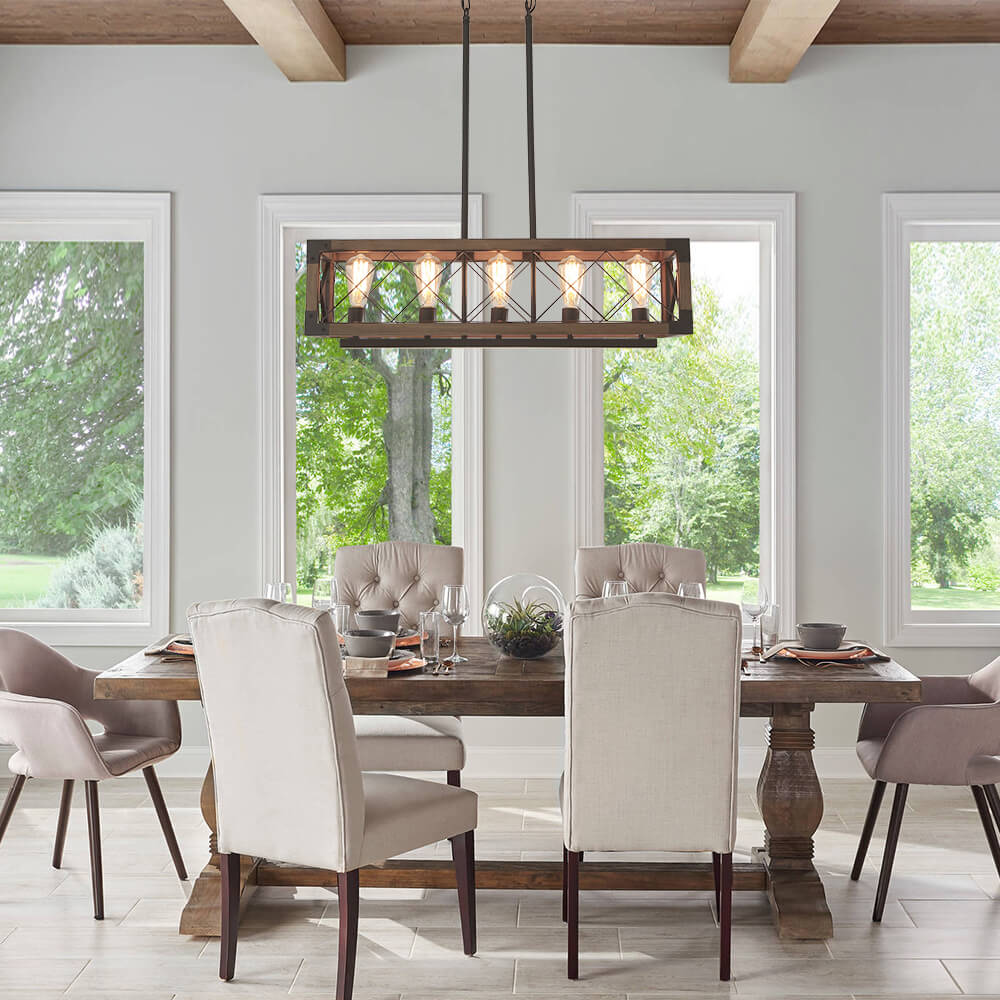 (OpenBox) Farmhouse 5-Light Rectangle Wood Chandelier