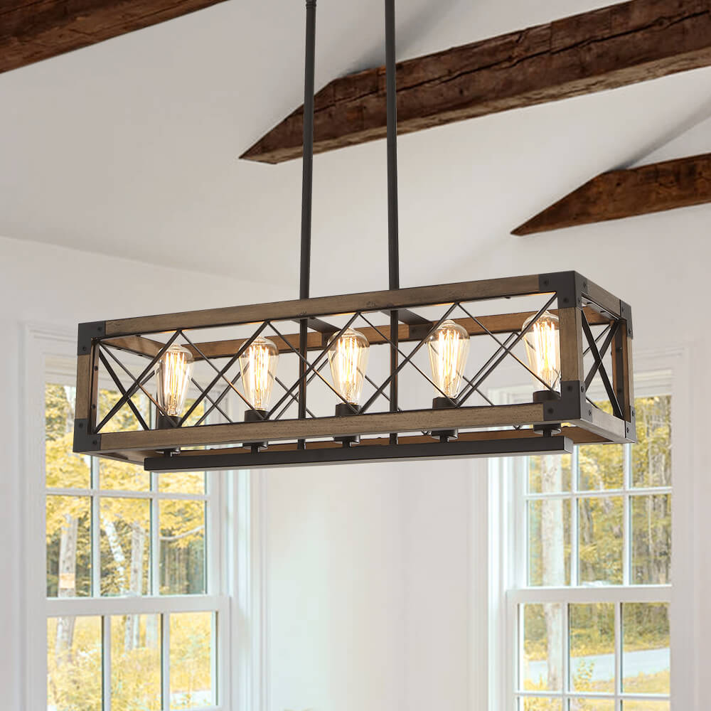 (OpenBox) Farmhouse 5-Light Rectangle Wood Chandelier