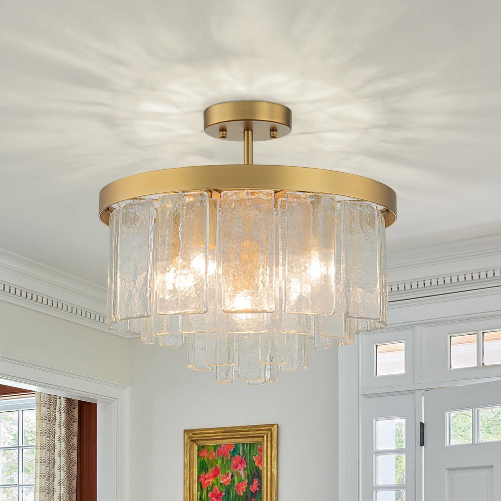 (OpenBox) Tiered Hammered Water Glass Round Semi Flush Mount